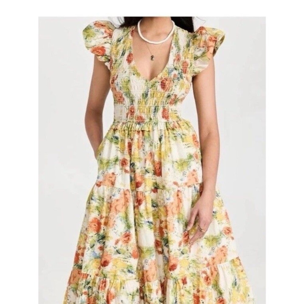 OPT Phoebe Floral Tiered Midi Maxi Dress Cotton L Garden Cottagecore Resort EUC
